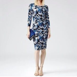 Reiss Zizzi blue floral ruched long sleeve dress size M Medium
